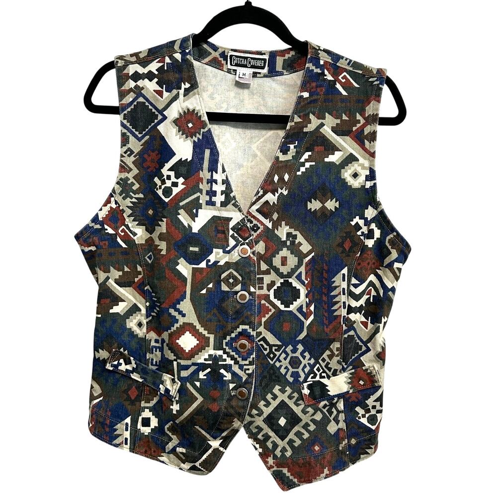 Vtg 90s Gotcha Covered Southwest Geometric Print Denim Vest M Cotton USA Western